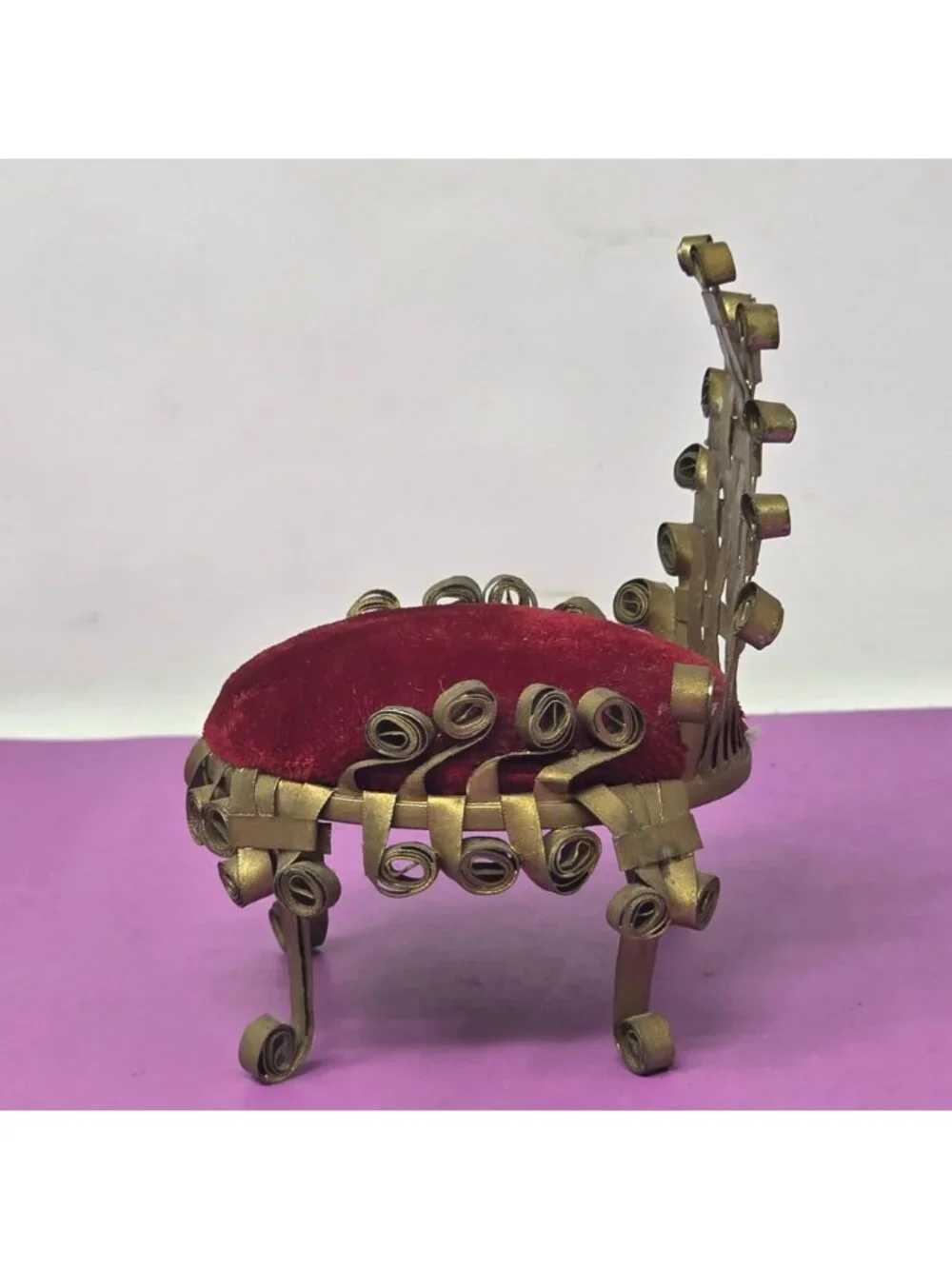 Vintage Handmade Tin Metal Scroll Chair Red Velvet Dollhouse/PinCushion Folk Art